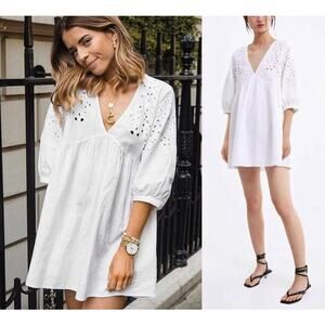 Zara White Embroidered Mini Dress Babydoll Tunic Size Large